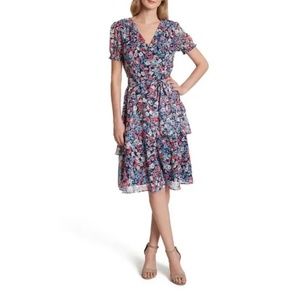 Tahari Floral Print Metallic Clip Dot Faux Wrap Dress Size 4